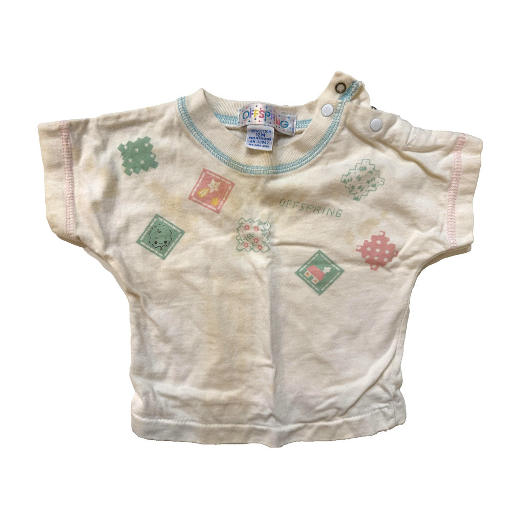 Vintage Offspring Baby Shirt 12M Hong Kong 100%‎ Cotton Snap Pastel Print Top